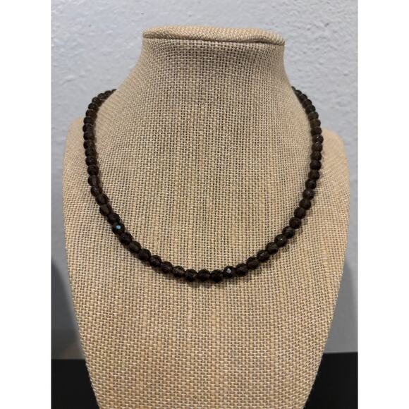 Faceted Smokey Quartz Faceted Beads Necklace Sterling Silver Clasp - Picture 1 of 4